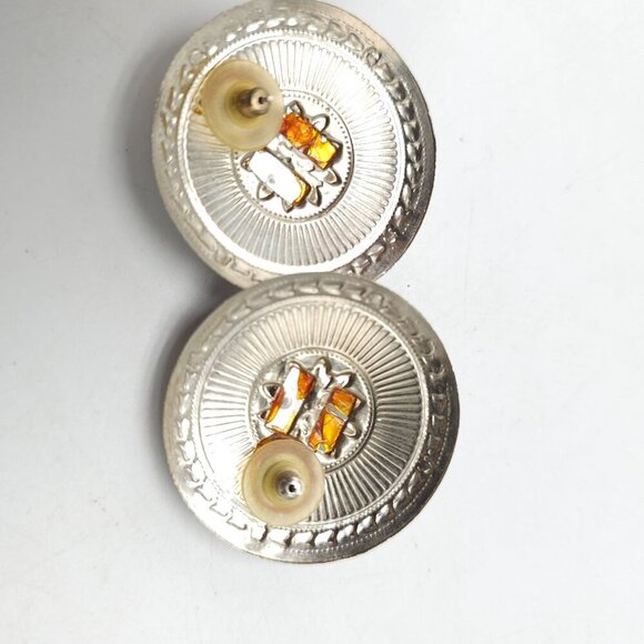 Vintage 1980s Floral Silver Tone Clip-On Earrings Faux Pearls Purple Rhinestones - Picture 3 of 4